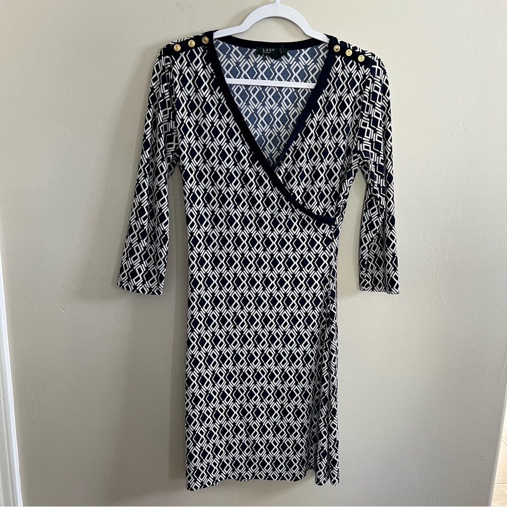 Lauren Ralph Lauren Faux Wrap Geometric Print Navy Blue White Dress size small